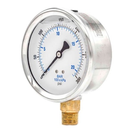 Engineered Specialty Products, Inc Pic Gauges 4" Pressure Gauge, Liquid Filled, 300 PSI, Stainless Case, Lower Mount, 201L-404H 201L-404H